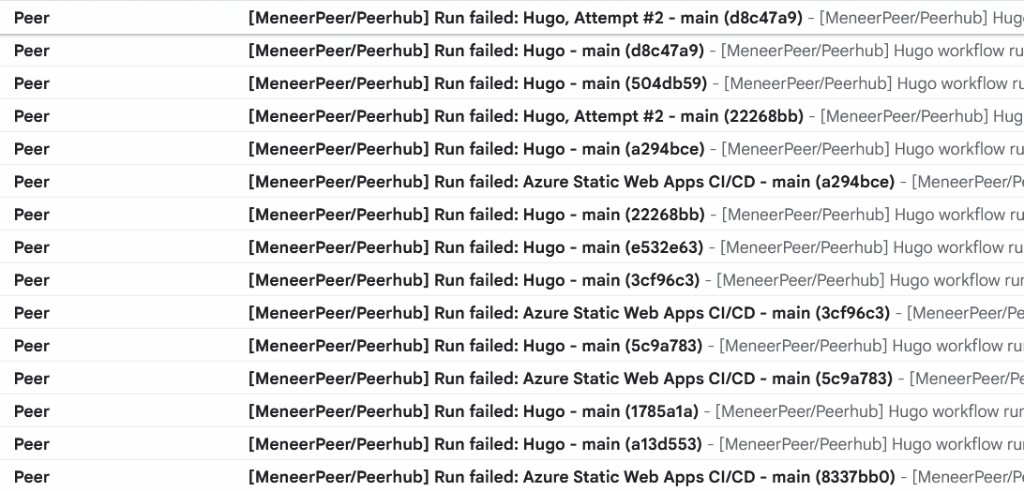 Screenshot: consecutive failed workflow runs (Hugo and Azure Static Web Apps CI/CD) on main